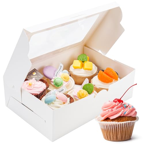 6 Pack Cupcake Boxes with Inserts 6 Holders, White Standard Bakery Boxes with Window Food Grade Cupcake Containers 6 Count for Muffins
