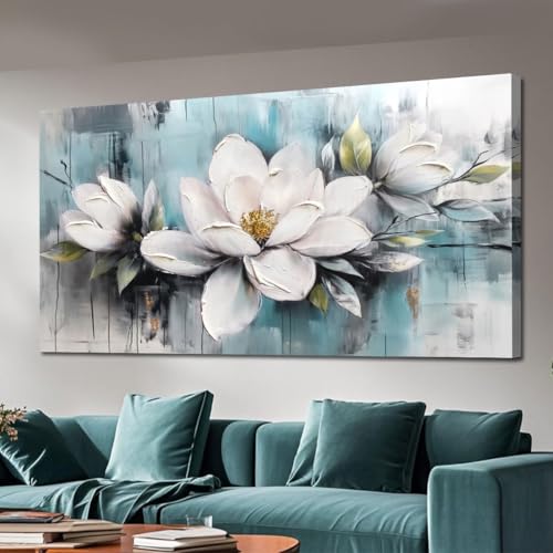 Ardemy Magnolia Wall Art for Living Room, Extra Large White Floral Canvas Wall Art Bedroom Painting Pictures Wall Decor Teal Flower Artwork for Walls