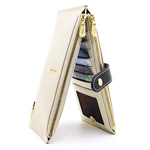 ANDOILT Women's Genuine Leather Wallet RFID Blocking Credit Card Holder Zipper Purse Cell Phone Handbag One Size Creamy-white & Black Closure