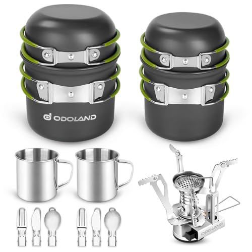 Odoland Camping Cookware Mess Kit, Camping Pot and Pan Set with Mini Backpacking Stove, Stainless Steel Cup, Spork and Tank Bracket, Cooking Gear for