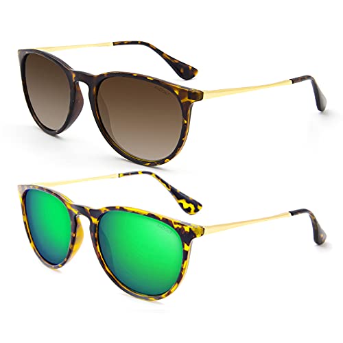 ANDOILT Vintage Polarized Sunglasses for Women Men UV Protection Retro Round Mirrored Lens D3 2pcs Amber Frame Brown Gradient Lens + Amber Frame Green