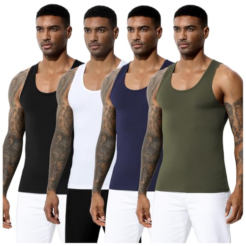 Arjen Kroos Men's Workout Tank Top 4 Pack Muscle Sleeveless Gym Shirts Activewear Slimming Vest Undershirts Black-White-Blue-Green X-Large