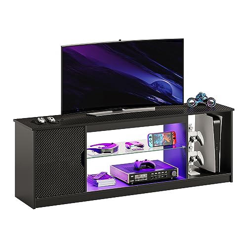 Bestier LED Entertainment Center for PS5, Gaming TV Stand with Cabinet 55-65 Inch TV, Modern TV Console with Adjustable Glass Shelf Living Room Bedroo