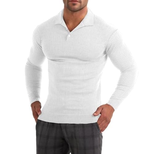 Muscle Cmdr Men's Slim Fit Muscle Polo Shirts Long&Short Sleeve Stretch Quick Dry Tee Casual Golf Athletic T-Shirts Small White-long