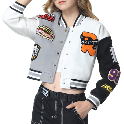EXARUS Girls Varsity Jacket Kids Tweed Letterman Jackets Baseball Outerwear Stripe Trim Contrast Sleeve School Coats 8 Years B-black