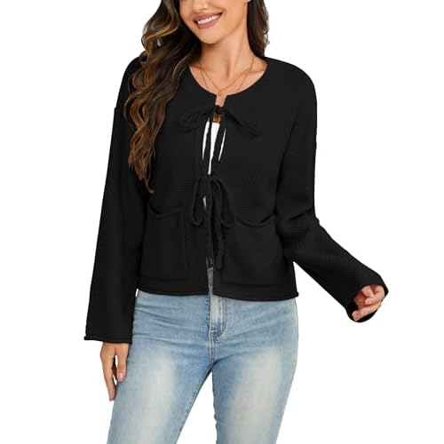 Bsubseach Cardigan Sweaters for Women Cropped Tie Front Bow Cardigan Fall Winter Long Sleeve Knit Sweater Coats with Pockets Black Large
