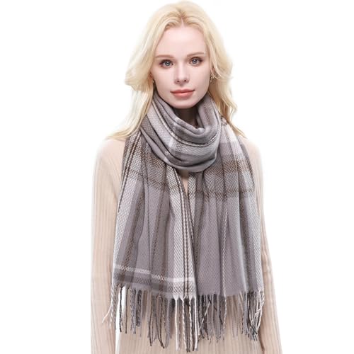 RIIQIICHY Plaid Scarf for Women Fall Winter Pashmina Scarves Wraps for Cold Weather Warm Large Light Grey-Grey-Brown