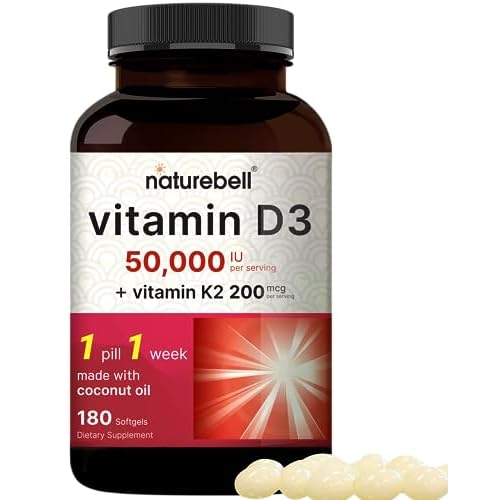 NatureBell Vitamin D3 50,000 IU + K2 200 mcg, 180 Softgels | Once-Weekly Formula with Coconut Oil | Max Strength Bone, Heart & Immune Support | MK-7 F