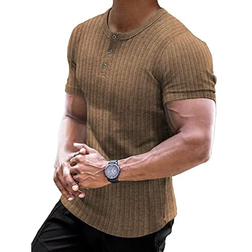 Muscle Cmdr Men's Ribbed Henley Shirt Short Sleeve Slim Fit Muscle Shirt Fitted Cotton Casual Long Sleeve Small 01brown-short