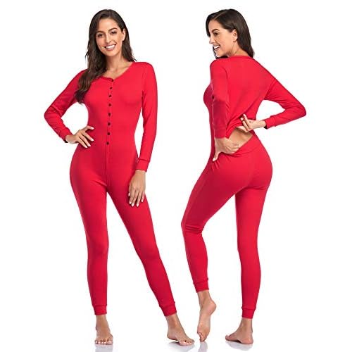 COLORFULLEAF Womens Cotton Onesies Pajamas One Piece Thermal Underwear Union Suits Henley for Ladies Jumpsuit Sleepwear Small Red-button