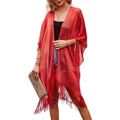 Ferand Women's Pearl Fringe Kimono Cardigan Sheer Loose Swim Cover Up for Beach, Pool, and Vacation Red