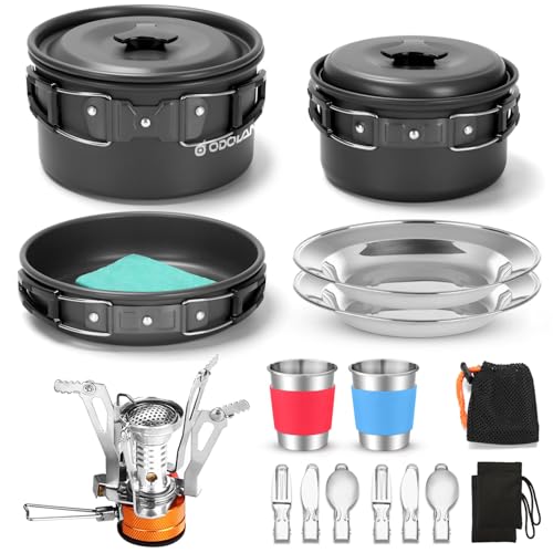 Odoland Camping Cookware Set with Pots and Frying Pan Cup Plates Folding Cutlery Gavette for 1-2 People Lightweight and Compact for Camping Trekking P