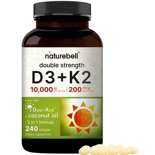 NatureBell Vitamin D3 10,000 IU + K2 200 mcg, 240 Softgels | Daily High Potency Formula with Coconut Oil | Bone, Heart & Immune Support | MK-7 Form |