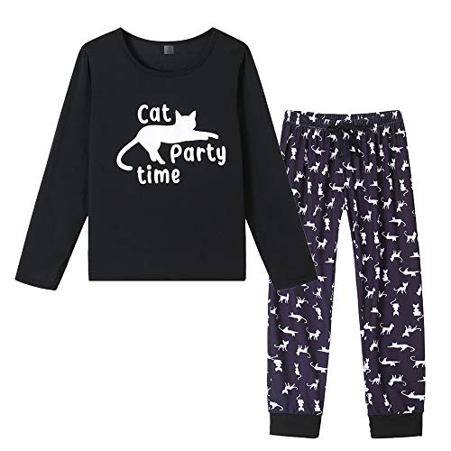 YIJIU Women's Sleepwear Long Sleeve Top and Pants Pajama Set Panda Print Nighty Small White Cat