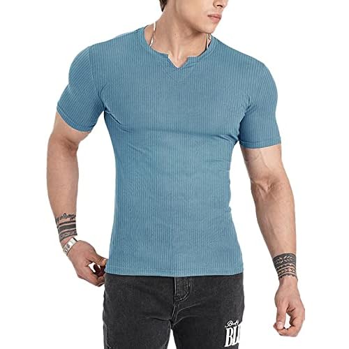 Muscle Cmdr Men's Henley Long&Short Sleeve T-Shirt Slim Fit V Neck Shirts Stretch Tee Casual Underwear Athletic Medium Weight Small 1-blue-short
