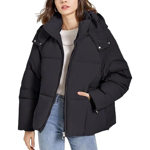 Womens Lightweight Puffer Jacket Full Zip Quilted Hooded Winter Down Coat Windproof Warm Bubble Coat with Pocket Black X-Large