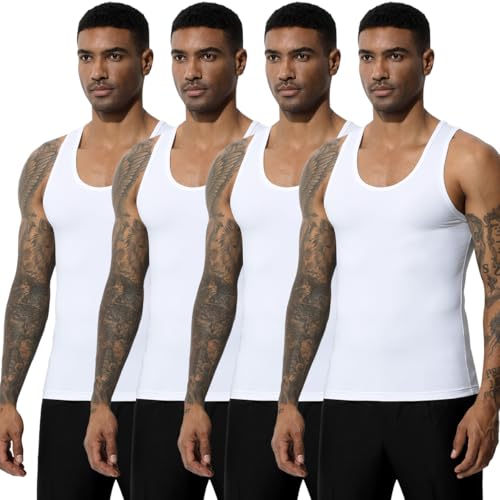 Arjen Kroos Men's Workout Tank Top 4 Pack Muscle Sleeveless Gym Shirts Activewear Slimming Vest Undershirts White*4 Small