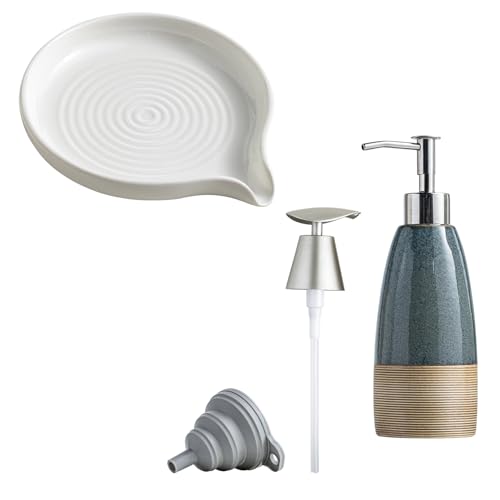 Self Draining Soap Dish, Ceramic Drain Soap Holder & 12 oz Dish Soap Dispenser