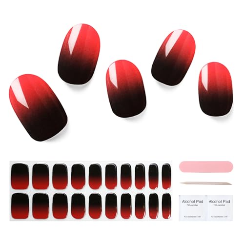 Chrimas Semi Cured Gel Nail Strips, 20pcs Gel Nail Wraps, 2 Weeks Long Lasting Black Red Gradient