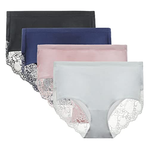 LIQQY Women's 4 Pack High Rise Underwear Combed Cotton Brief Breathable Lace Full Coverage Panty Medium Black-Navy-Pink-White
