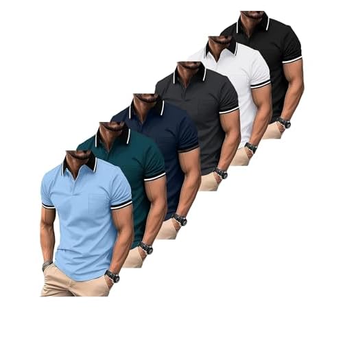ZITY 6 Pack Men Polo Shirts Short Sleeve with Pocket Wicking Shirts for Men Casual Collared T-Shirts 8.3 Per Piece Six Black Grey Navy White Blue Duck