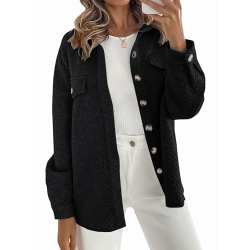Women's Casual Shacket Jacket, Long Sleeve Loose Oversized Button Down Coat for Fall Winter Office Daily Outerwear Black Small