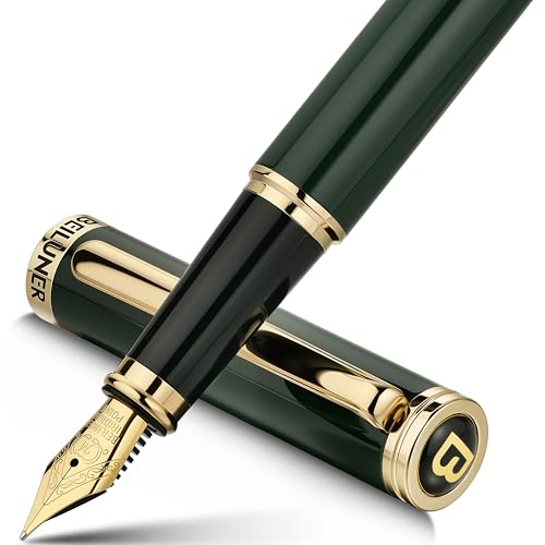 BEILUNER Racing Green Fountain Pen,Stunning Luxury Pens with 24K Gold Finish, Gorgeous 24K Gilded Nib(Medium), Fancy Pen Gift for Men&Women -Ink Conve