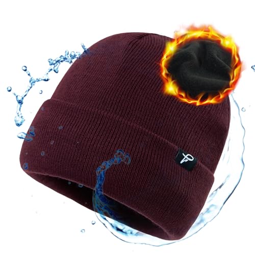 TOP-EX Dryknit™ Waterproof Oversized XL XXL Fleece Lined Winter Warm Beanies Hat for Men Small-Medium Burgundy (Waterproof)