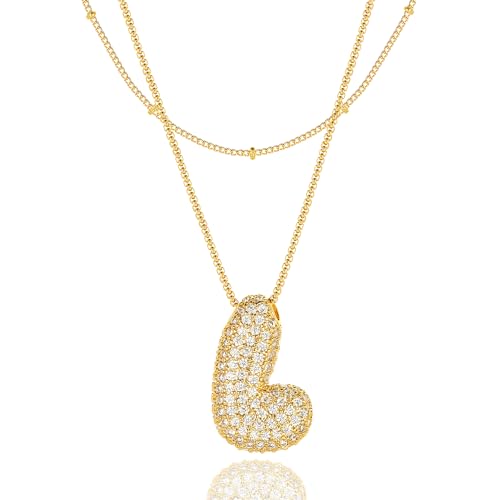 Bubble Letter Necklace Gold for Women，Layered Plated Initial Pendant Puffy Zircon Name Personalized Necklaces Fashion Jewelry for Gifts Letter L