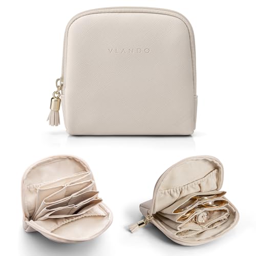 Vlando Travel Jewellery Organiser, Jewellery Pouch with Zipper, Velvet Lining Jewellery Bags for Rings, Bracelets & Necklaces,White-Toothpick Grain B.