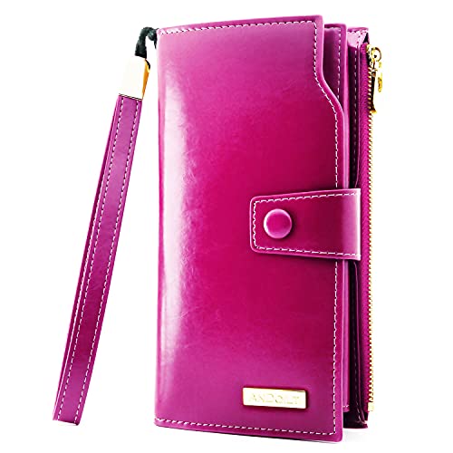 ANDOILT Women's RFID Blocking Large Capacity Luxury Wax Genuine Leather Clutch Wallet Card Holder Organizer Ladies Purse S3 rose red
