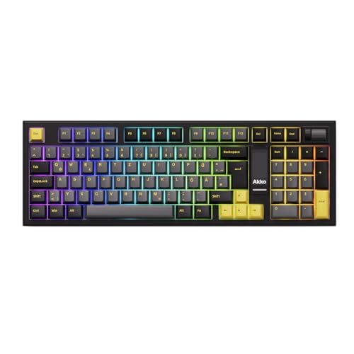 Akko 5098B Mechanische Tastatur in Schwarz und Gold mit Bildschirm, Tri-Mode-Gaming-Tastatur mit Scrollrad (ISO-DE-Layout, V3 Piano Pro Switch)