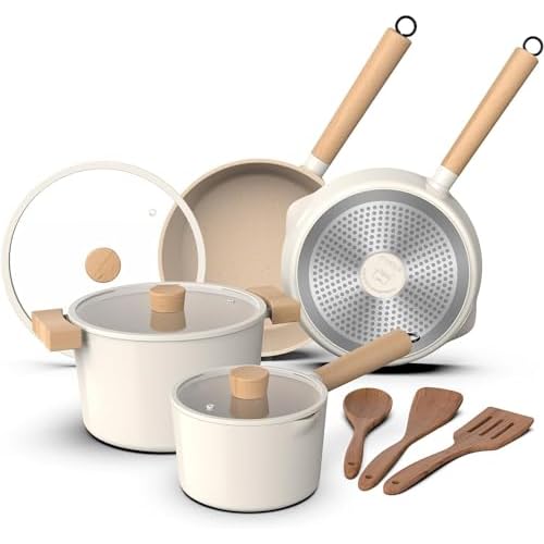 imarku Pots and Pans Set Non Stick, 10 Pcs Granite Cookware Set, Removable Handle Pots and Pans, PFOA Free, Oven Safe Pan, Cream, Birthday Gifts for W