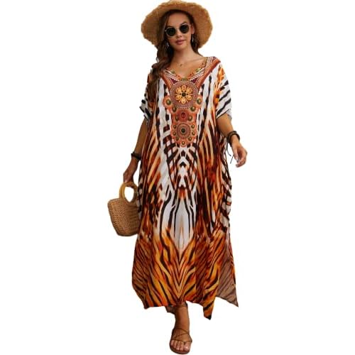Swimsuit Cover Up Caftan Women's Vneck Flower Leopard Print Batwing Sleeve Side Split Kaftan Dresses B4