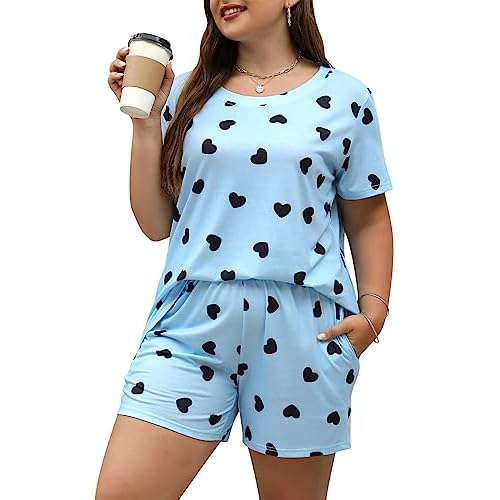 Celkuser Plus Size Pajamas Set for Women 2-Piece Short Sleeve Sleepwear Soft Loungewear PJs with Pockets 1x-5x Blueheart X-Large Plus