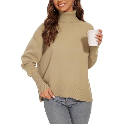 Women's Turtleneck Sweater Long Sleeve Casual Ribbed Pullover 2024 Fall Winter Loose Knit Jumper Top Khaki Large