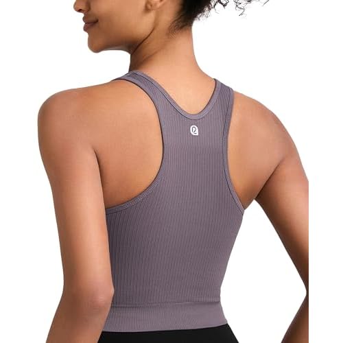 RUNNING GIRL Sports Bras for Women High Impact Seamless Ribbed Longline High Neck Workout Crop Tank Tops Padded A-dark Grey Large