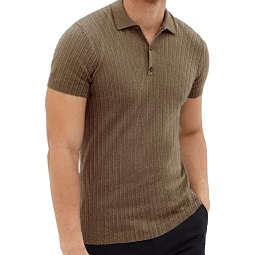 Muscle Cmdr Men's Cotton Muscle Shirts Slim Fit Business Casual Tee Long&Short Sleeve Ribbed Polo V Neck Shirt Small Brown-Short