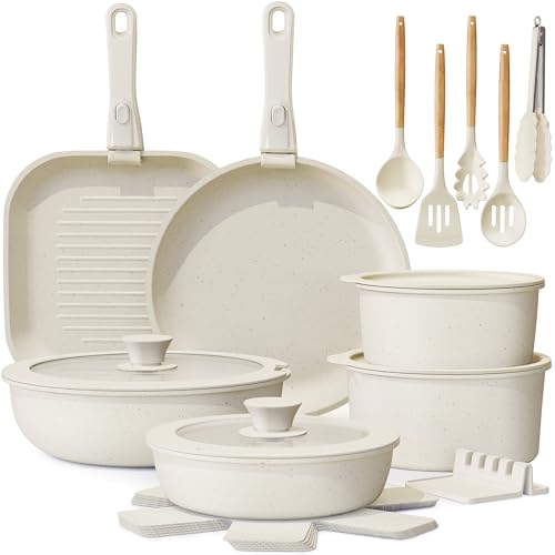 Ceramic Cookware Set with Detachable Handles, 22-Piece Non-Stick Pots and Pans, Stackable Kitchen Set, Cream White