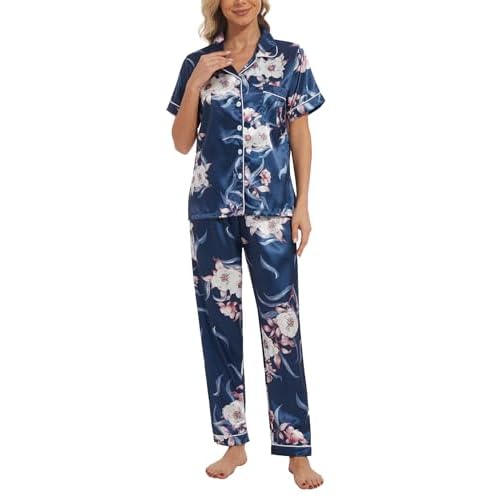 YIJIU Womens Silk Satin Pajamas Set Short Sleeve Sleepwear Soft Button Down Loungewear Two-piece Pjs Sets XS-XXL Long Small Blue Floral