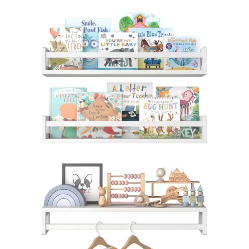 Floating Nursery Book Shelves for Wall, 23.6 Inch Nature Solid Wood Wall Mounted Bookshelf Set of 3, Hanging Bookshelves for Kids Room, Bedroom Nurser