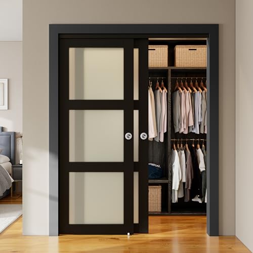 SMARTSTANDARD Bypass Sliding Closet Doors 56x80 in (Double 29in) for Bedroom, 3-Lite Frosted Glass Bypass Door with Hardware Kit Included, Preassemble