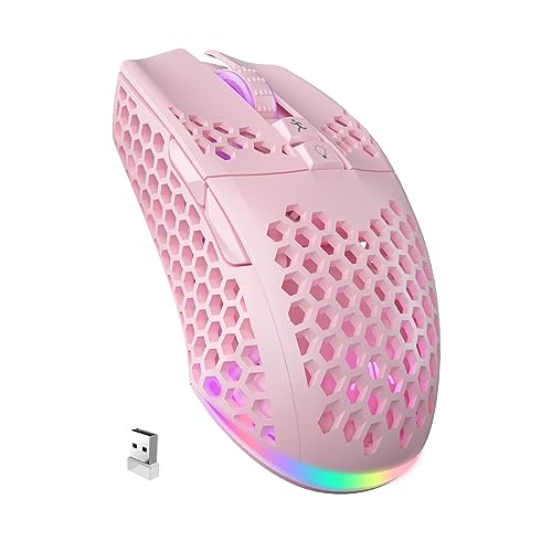 SOLAKAKA SM600 Pink Wireless Gaming Mouse with Honeycomb Shell, Side Buttons,Tri-Modes(BT5.1+BT5.1+2.4GHz) Lightweight RGB Wireless Mouse for PC-Table