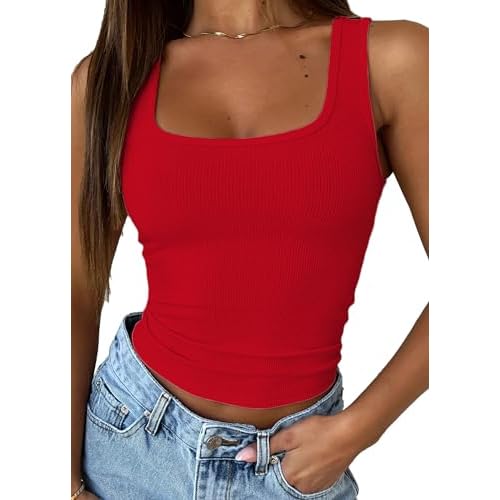 iGENJUN Summer Sleeveless Square Neck Ribbed Strappy Tank Tops Casual Slim Fitted Basic Cropped Tank Cami Small Red
