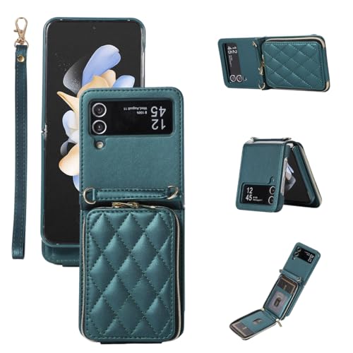 for Samsung Galaxy Z Flip 4 Zipper Wallet Case with Card Holder, 4 Card Slots Large Capacity and Multiple Style Lanyards.(DarkGreen) DarkGreen Samsung