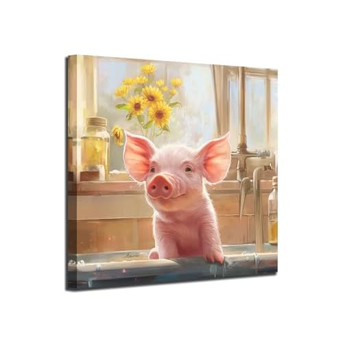 Ardemy Animal Wall Art Pink Pig Bathroom Pictures Wall Decor Animal Canvas Print Painting Framed for Bedroom Kitchen Home Living Room 20"x20" 20L" x 2