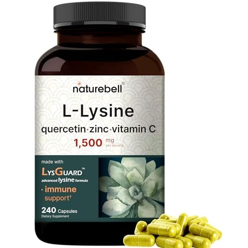 NatureBell L-Lysine 1,000mg Capsules + Quercetin 250mg with Vitamin C and Zinc, 240 Count | Free Form Amino Acids, L Lysine Complex | Immune Support,
