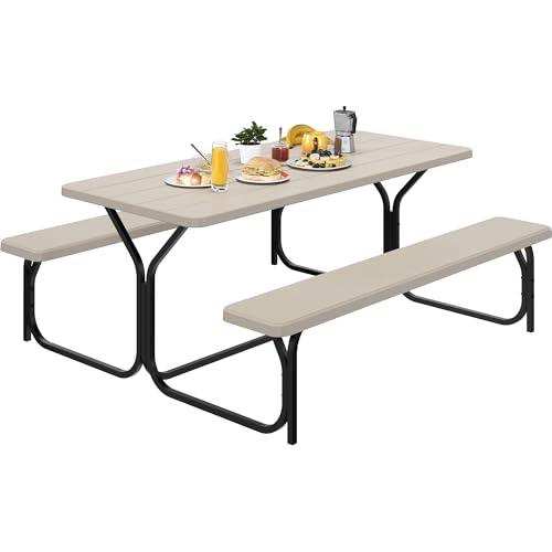 YITAHOME 6ft Outdoor Picnic Table with Wood-Like Tabletop, Sturdy Steel Frame and Umbrella Opening, Heavy Duty Picnic Table Ideal for Yard, Patio, Law