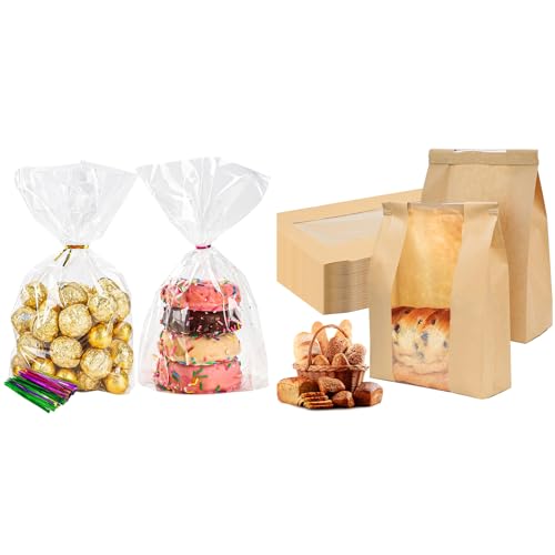NPLUX Bundle of 100 Pack Cellophane Bags and 50 Pack Sourdough Bread Bags for Candy Popcorn Cookie