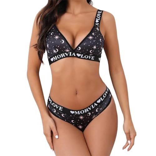 Morvia Women's Contrast Binding Wireless Sporty Lingerie Set With Letter Print Strap Sun & Moon Prints Sofy Comfy 2pcs Set X-Large Black & Pink